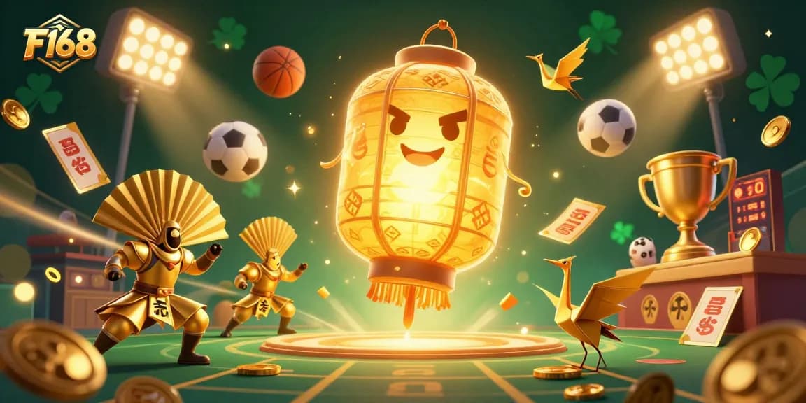 Engage in thrilling gameplay at F168, featuring enchanting golden lantern spirits and vibrant casino elements.