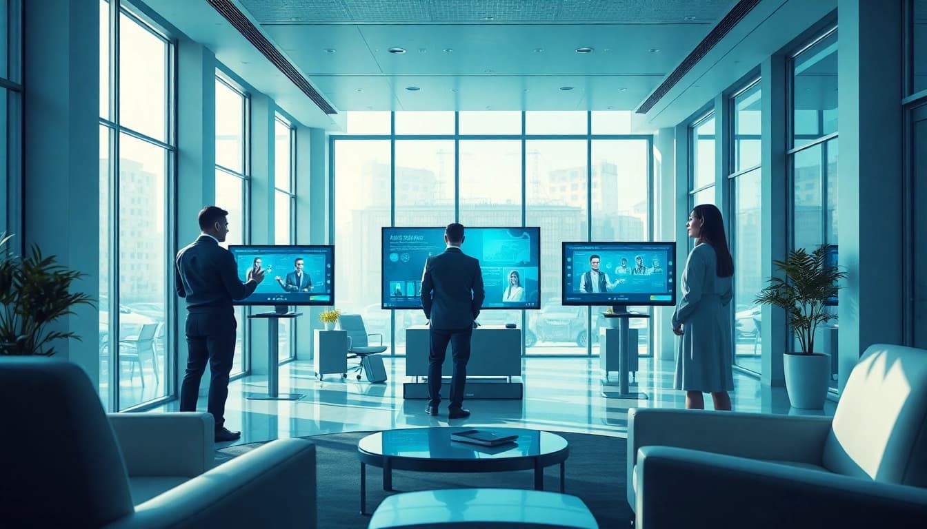 Interactive scene showcasing users engaging with NSFW AI technology in a modern workspace.