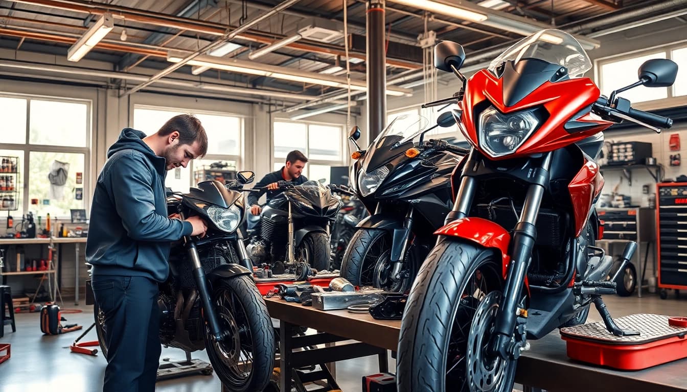 In der motorrad werkstatt reparieren erfahrene Mechaniker Motorräder mit Fachkenntnis.