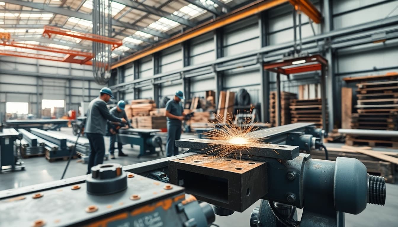 Engineers performing structural steel fabrication in a workshop with precision tools and machinery.
