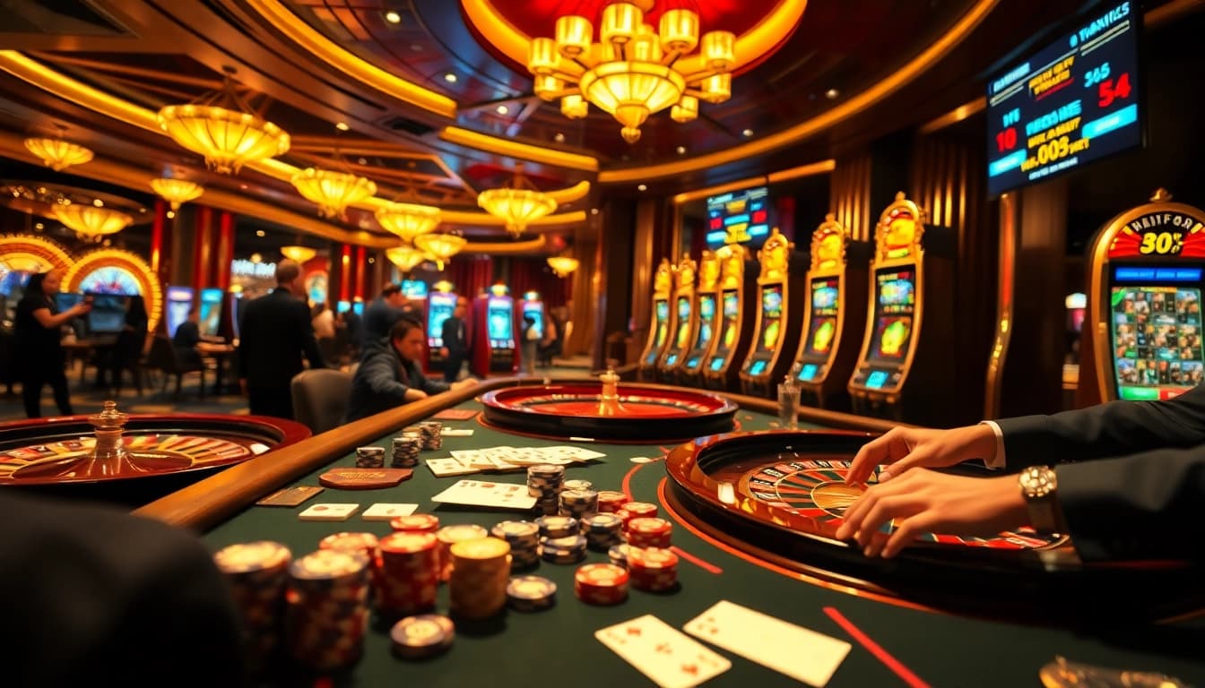 Experience the thrill of gambling at https://www.6l777.org/ with a vibrant casino scene filled with poker chips and dice.
