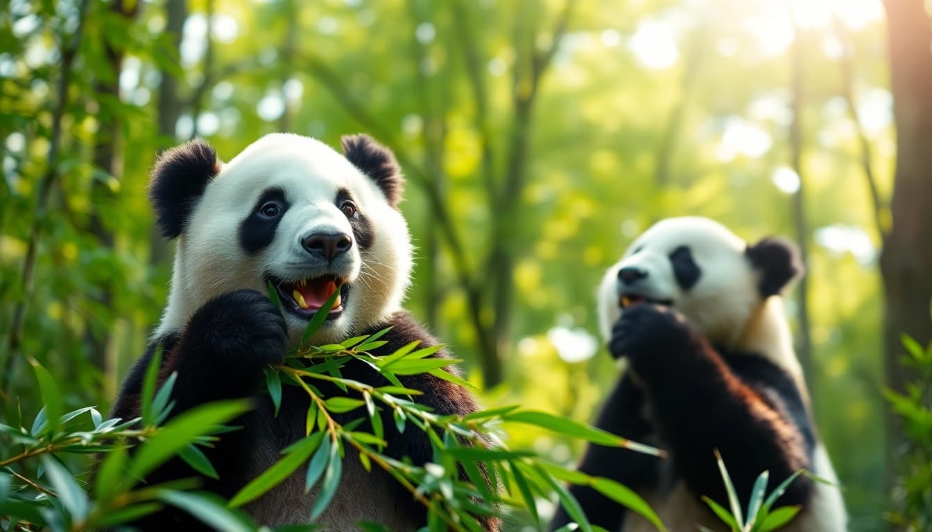 Admirez le panda de pandachi.fr dans une forêt paisible, se régalant de bambou frais.
