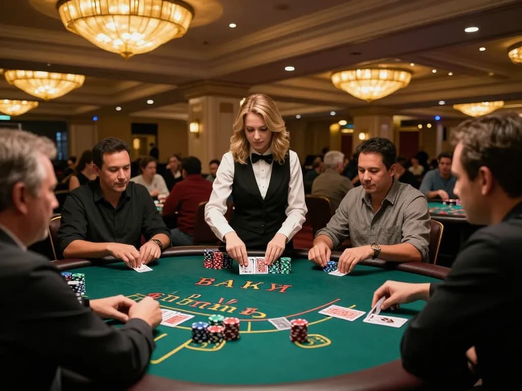 Players at TG88 casino focused on blackjack strategy, chips stacked high in a vibrant atmosphere