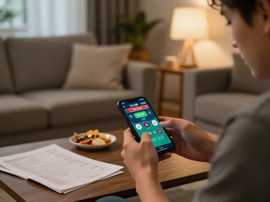 Tai xiu online gameplay on smartphone in a cozy living room, placing bets with strategy notes nearby.