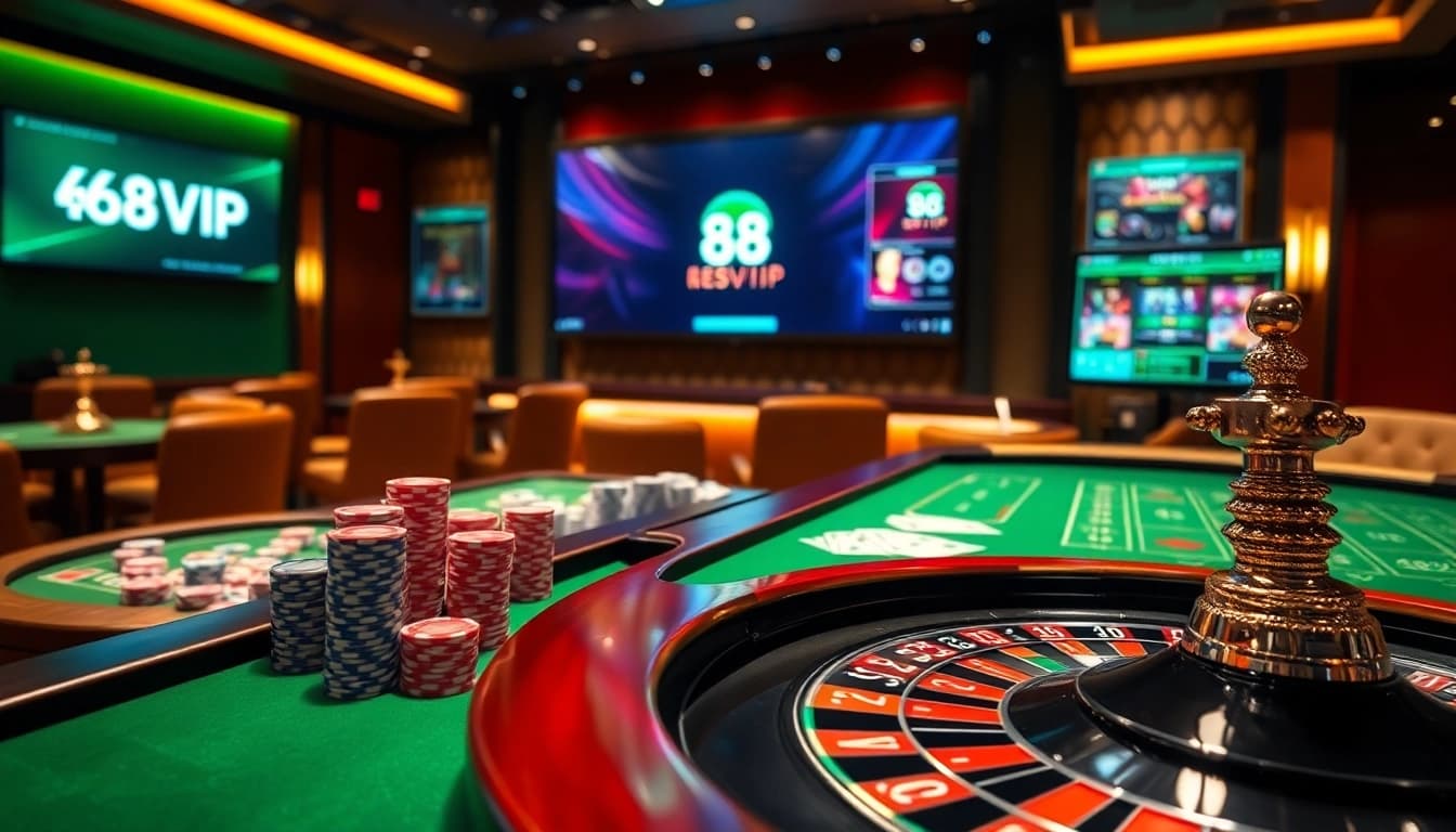 Experience the thrill of 68VIP with a luxurious online casino setup featuring vibrant poker chips and sleek roulette.