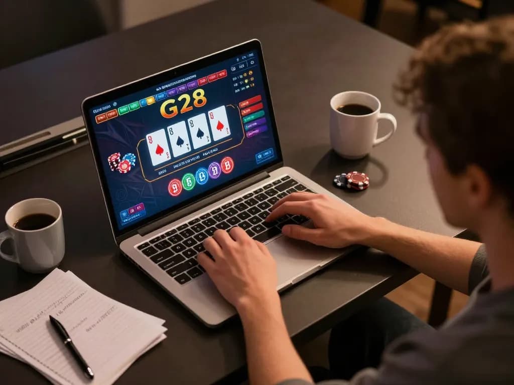 Engaging online gaming experience at G28 with vibrant poker graphics and a thoughtful setup