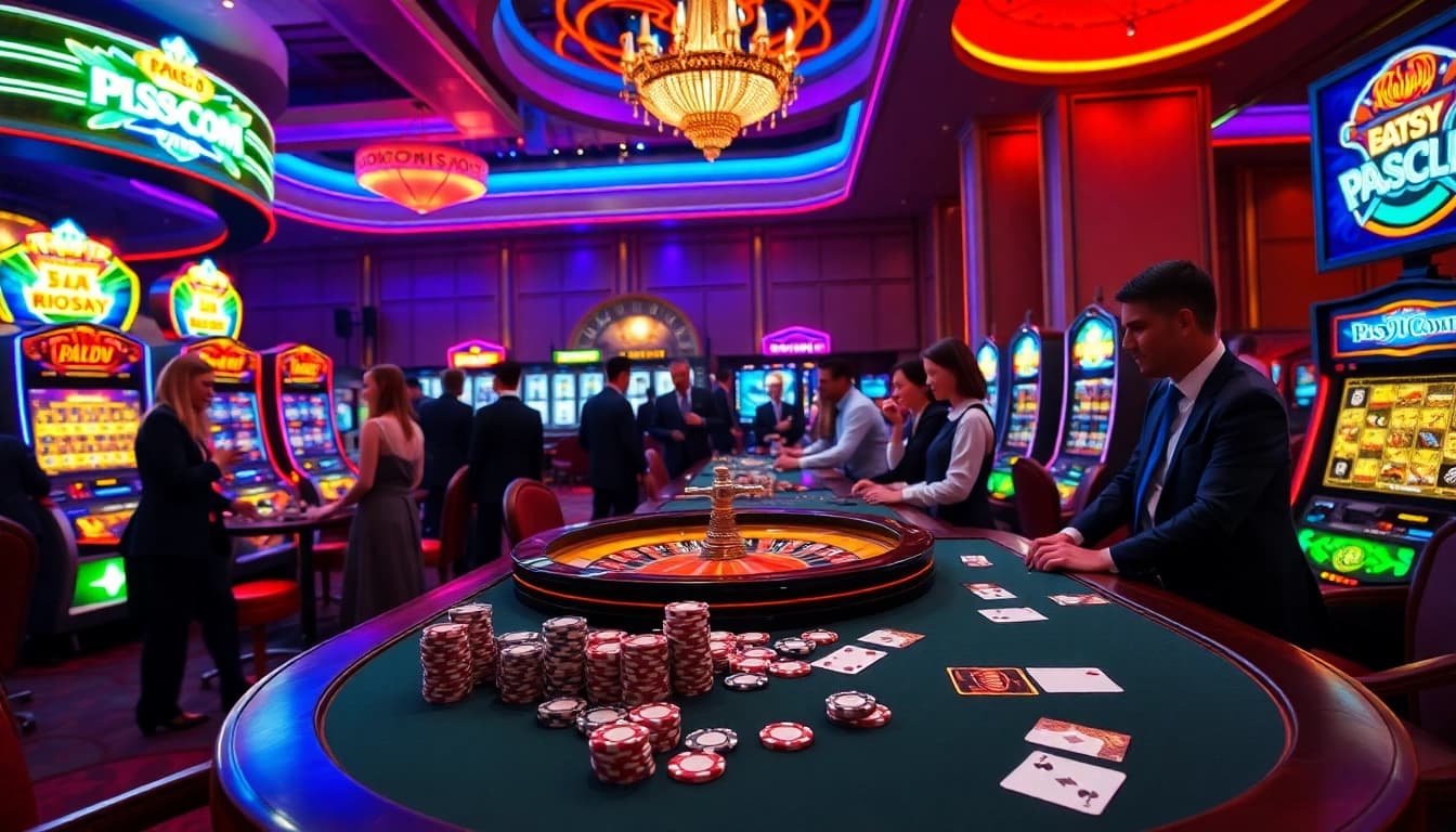 Exciting gaming action at PS99 COM with poker, roulette, and slot machines.