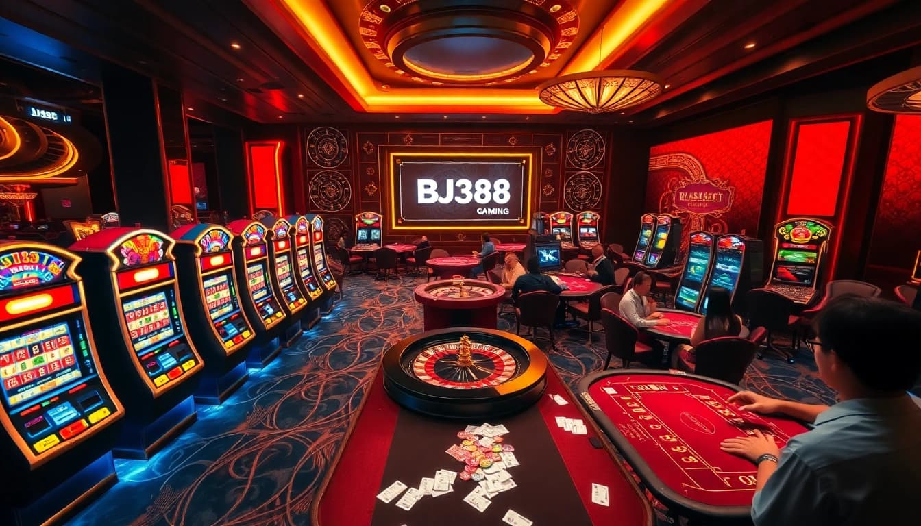 Engaging players at BJ388 in a luxurious casino filled with vibrant gambling elements.