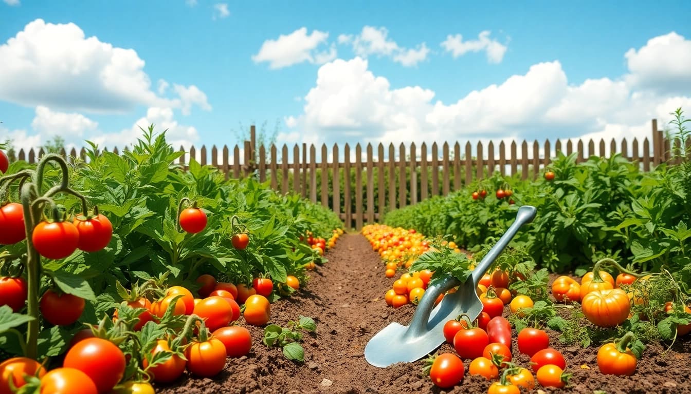 Gardening lush vegetable garden showcasing vibrant plants and tools gleaming in sunlight.