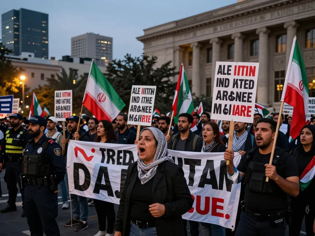 Vibrant scene of activists demanding regime change in Iran during a protest, showcasing determination for freedom amidst a politically charged atmosphere.