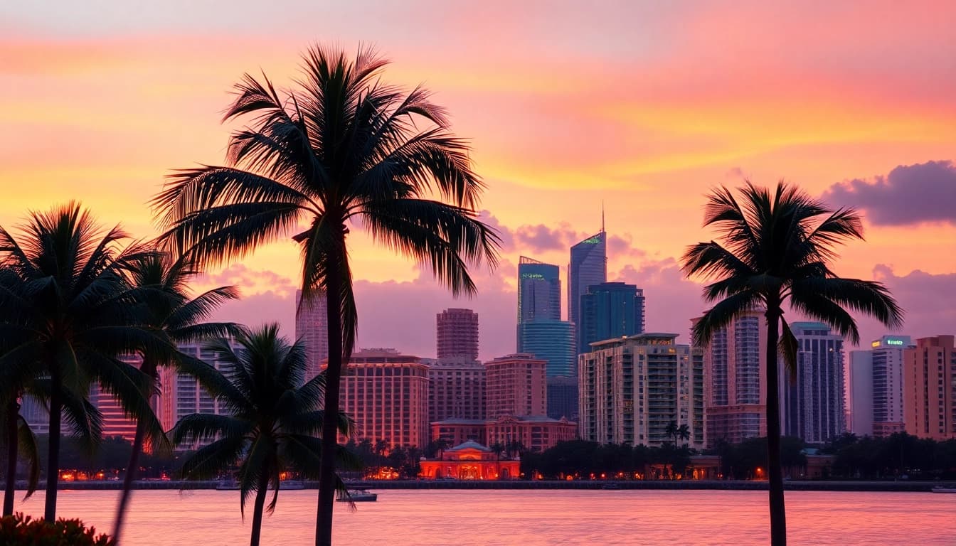 Captivating sunset skyline in South Florida Reporter, featuring palm trees and urban architecture.