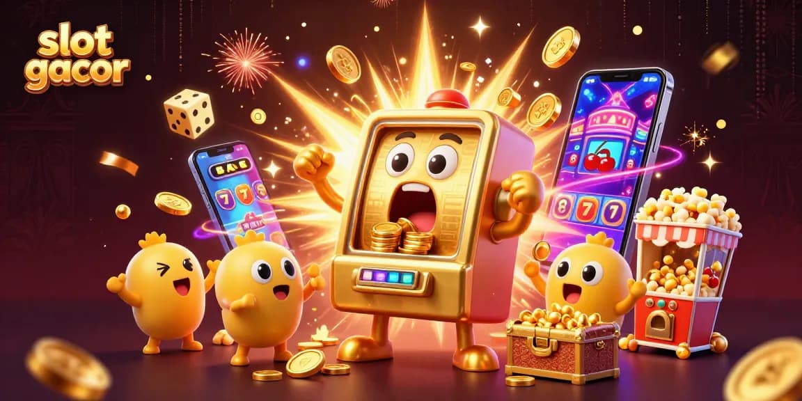 Experience a thrilling slot gacor jackpot scene with dynamic cartoon characters and gold coins.