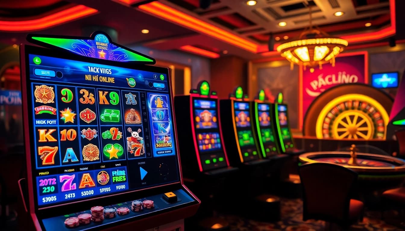 Engaging scene of nổ hũ online gameplay with vibrant slot machines and casino elements.