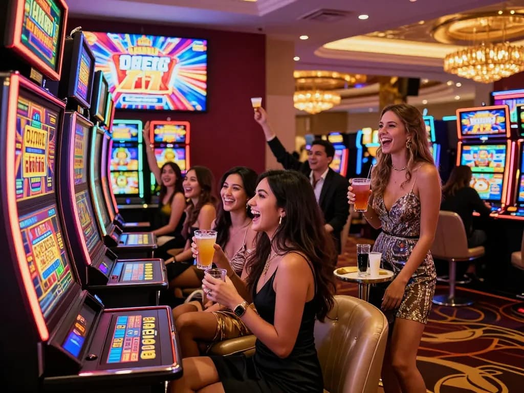 Friends celebrating a win while playing at vegasslot77.com slot machines in a lively casino.