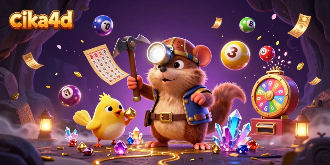 Cika4d players enjoy a vibrant 3D illustration filled with lottery excitement and golden treasures.