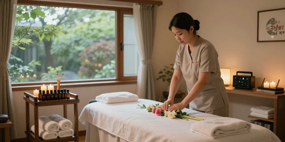 Calming Korean massage therapy scene showcasing 강남출장안마 with serene atmosphere and soothing elements.