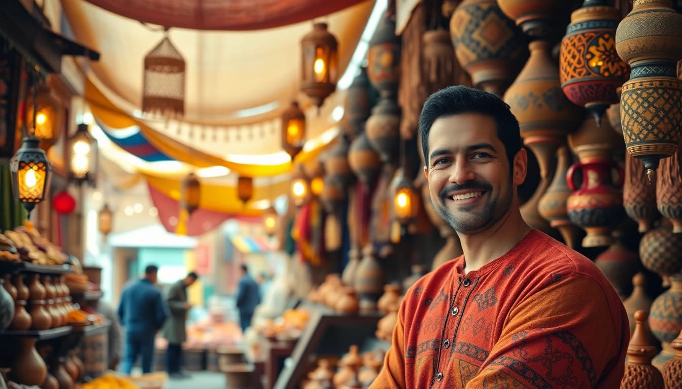 Engaging scene of morocco travel showcasing a vibrant Moroccan souk bustling with artisans and colorful wares.