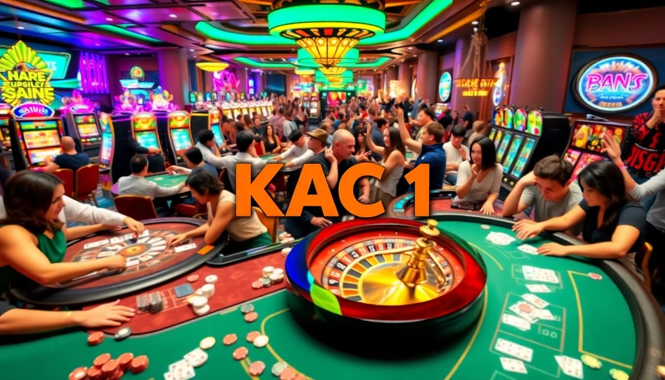 The bustling casino with poker tables, roulette wheels, and vibrant slot machines under the brand KJC AC 1.