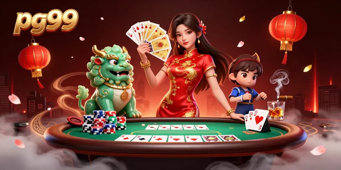 Experience thrilling gaming action at pg99 with a Chinese qipao-clad dealer and vibrant casino elements.
