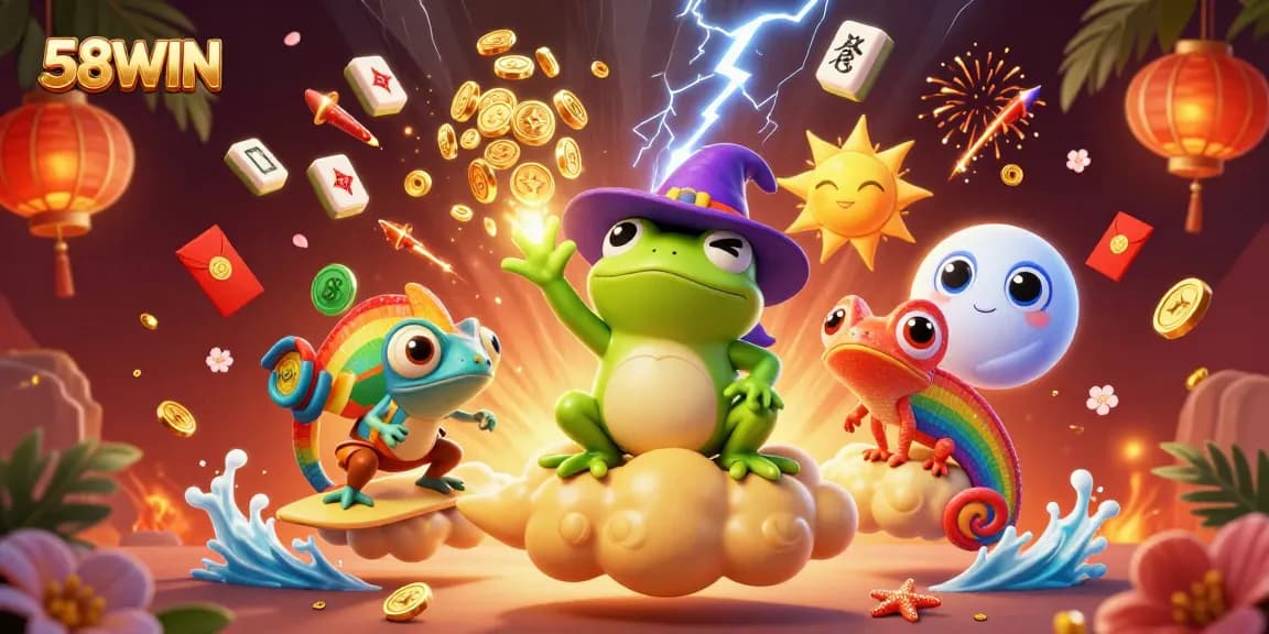 Experience thrilling luck with 58WIN as the weather wizard frog conjures gold coins in a vibrant casino scene.