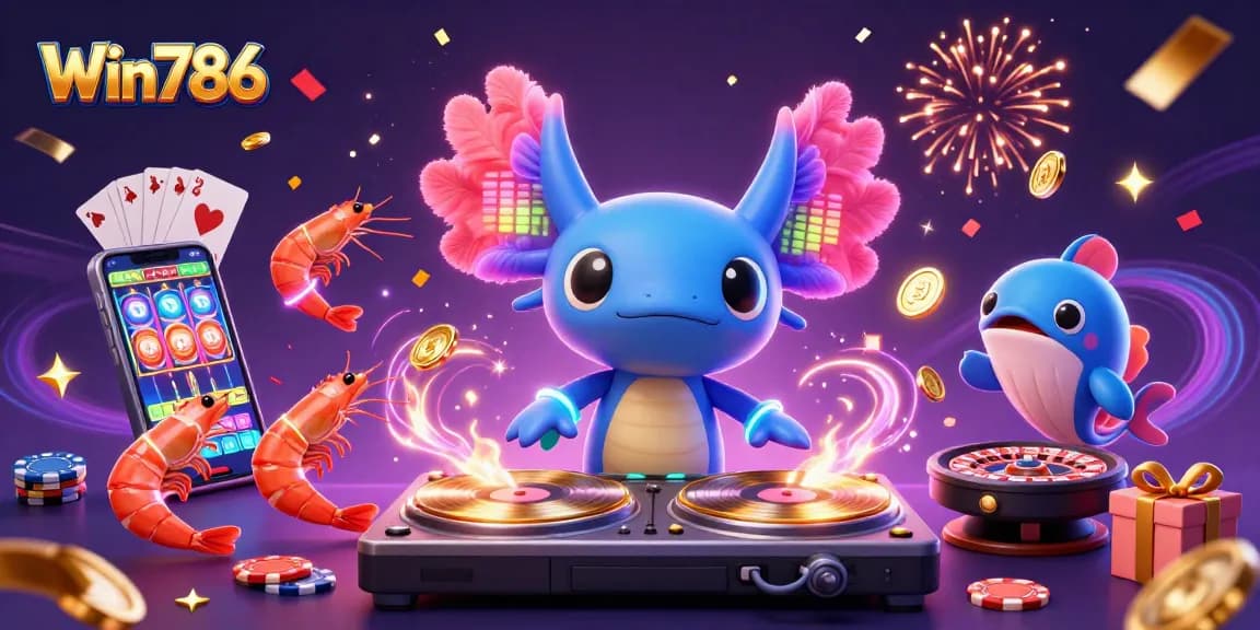 Win786 visualizes vibrant gaming excitement with neon axolotl DJ and dazzling casino elements.