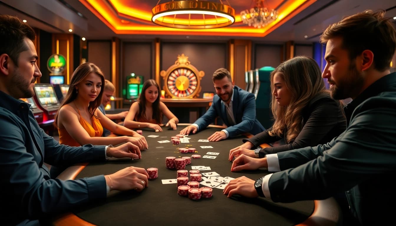Players enjoying a thrilling game on Onicplay with poker chips and cards at a stylish casino table.