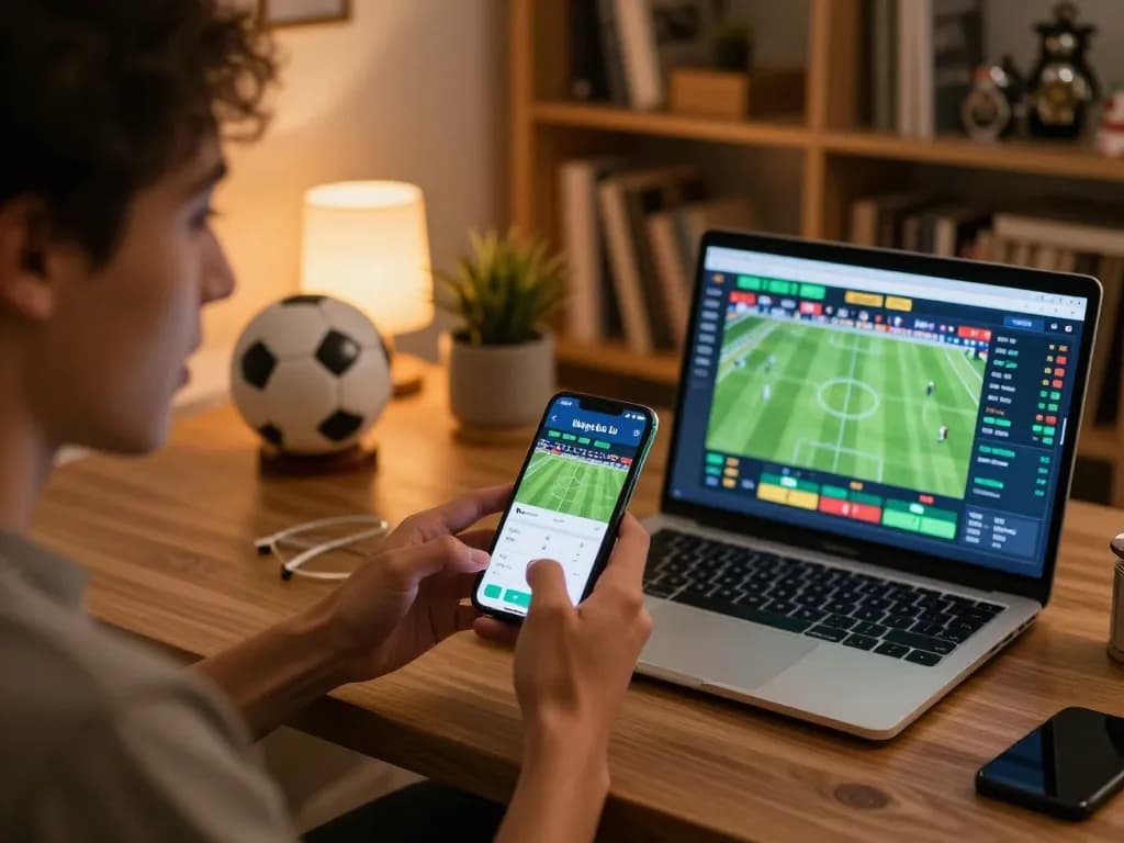 Engaged user placing football bets on bóng đá lu app while relaxing at home.
