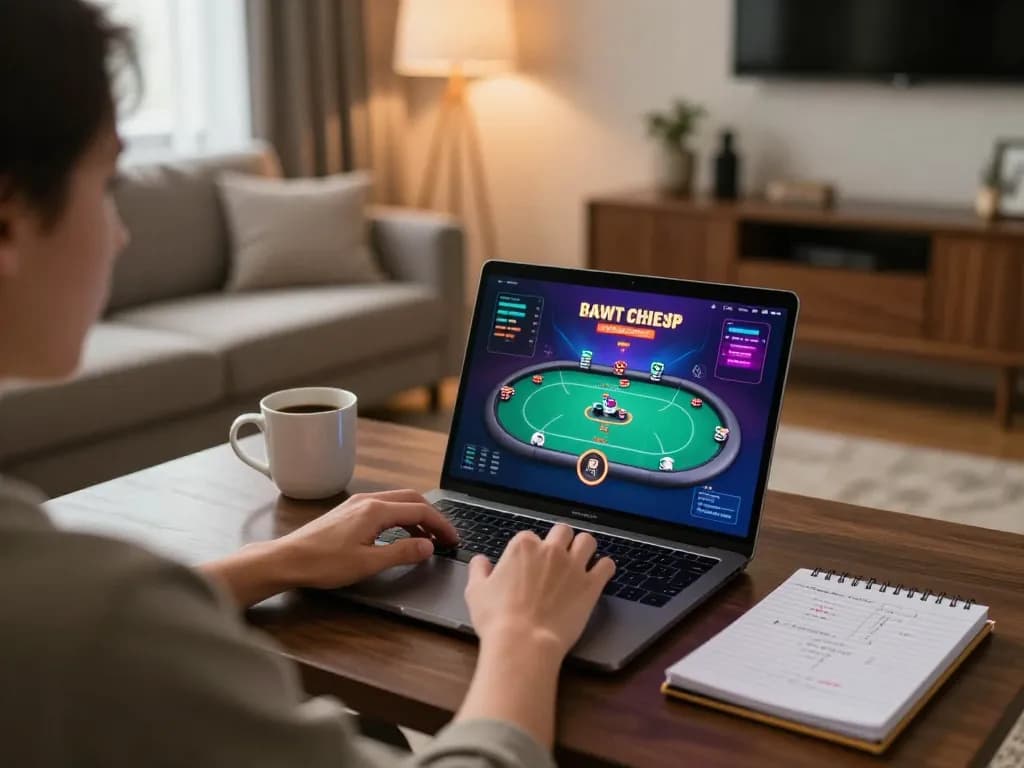 Player engaging in online gaming at hytw3339, showcasing strategic betting on a laptop in cozy home