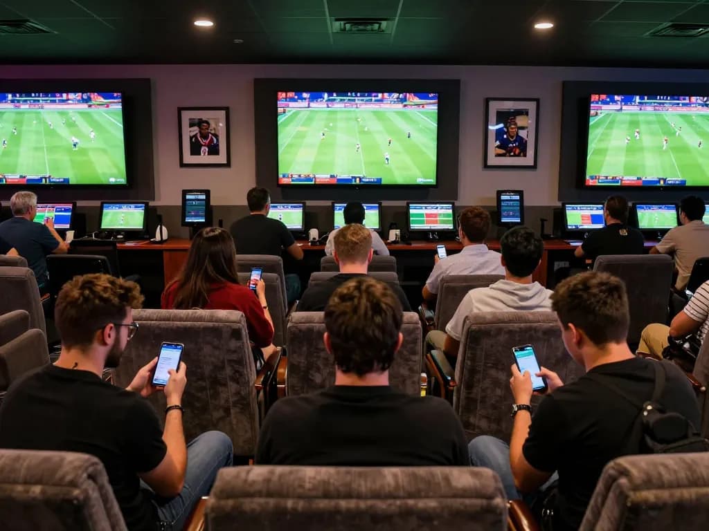 KQBD live betting scene with sports fans engaging in action and excitement at an upscale betting lounge