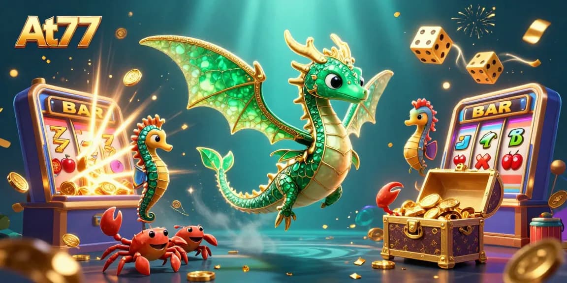 At77 showcases a vibrant 3D illustration of a sea dragon amidst slot machines and casino elements, enriching the gaming experience.