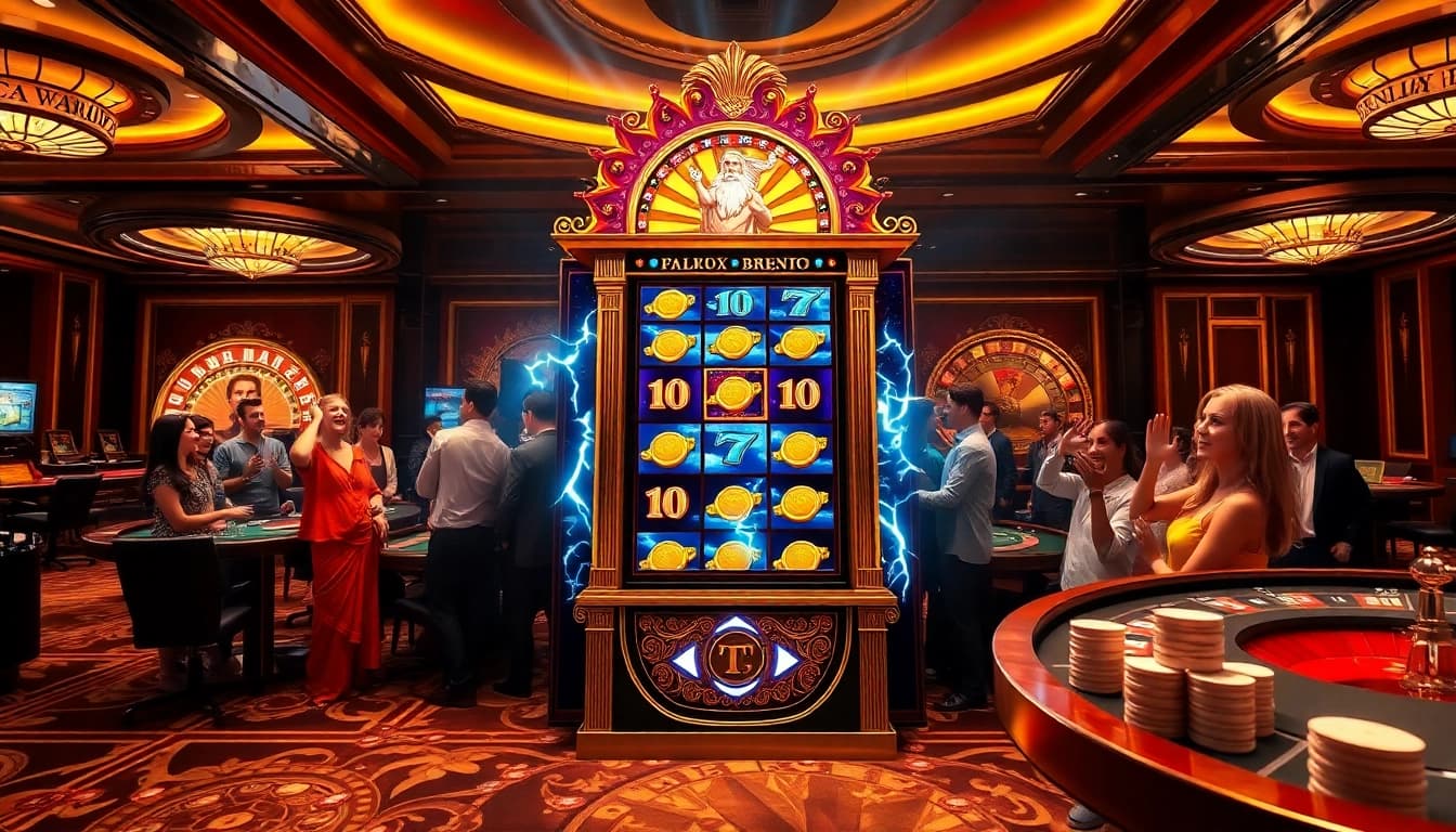 Players enjoying the slot zeus machine with vibrant graphics and excitement in a luxurious casino.