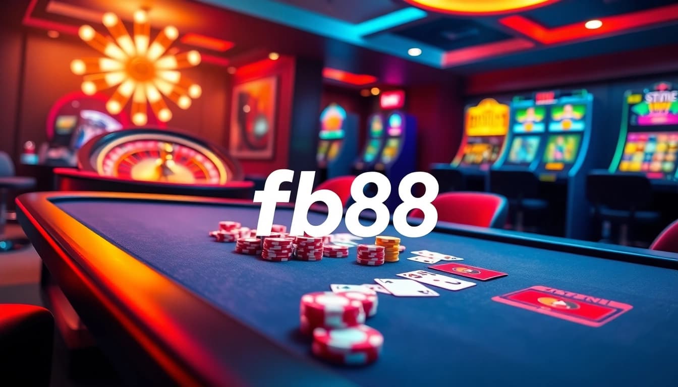 Experience the thrill at Fb88 with a vibrant online casino scene featuring poker tables and roulette wheels.