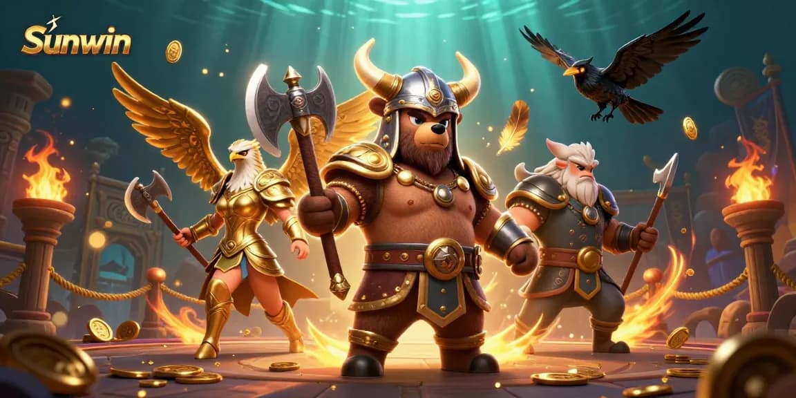 Engage with the thrilling world of Sunwin as the Viking bear battles alongside the Valkyrie eagle in a vibrant casino arena.