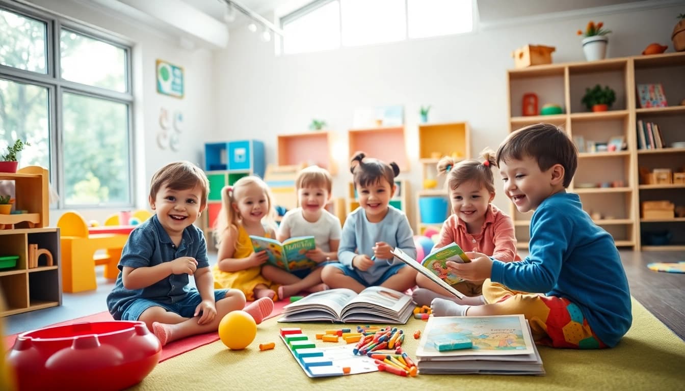 Engaged children playing at https://juniorsjunction.com, showcasing a vibrant child care atmosphere.