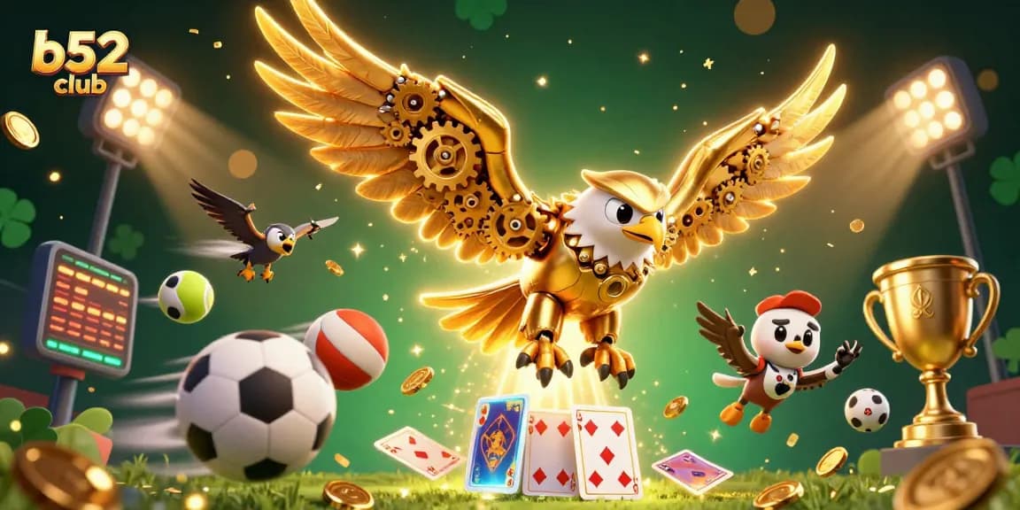The b52 club showcases a golden eagle amidst vibrant casino gaming elements, engaging players with action-packed thrills.