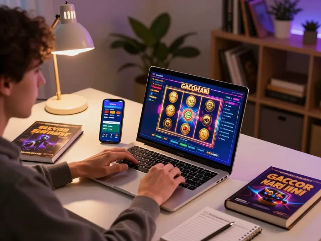 Player engaging with slot gacor hari ini game at home gaming setup, illustrating dynamic online casino experience.