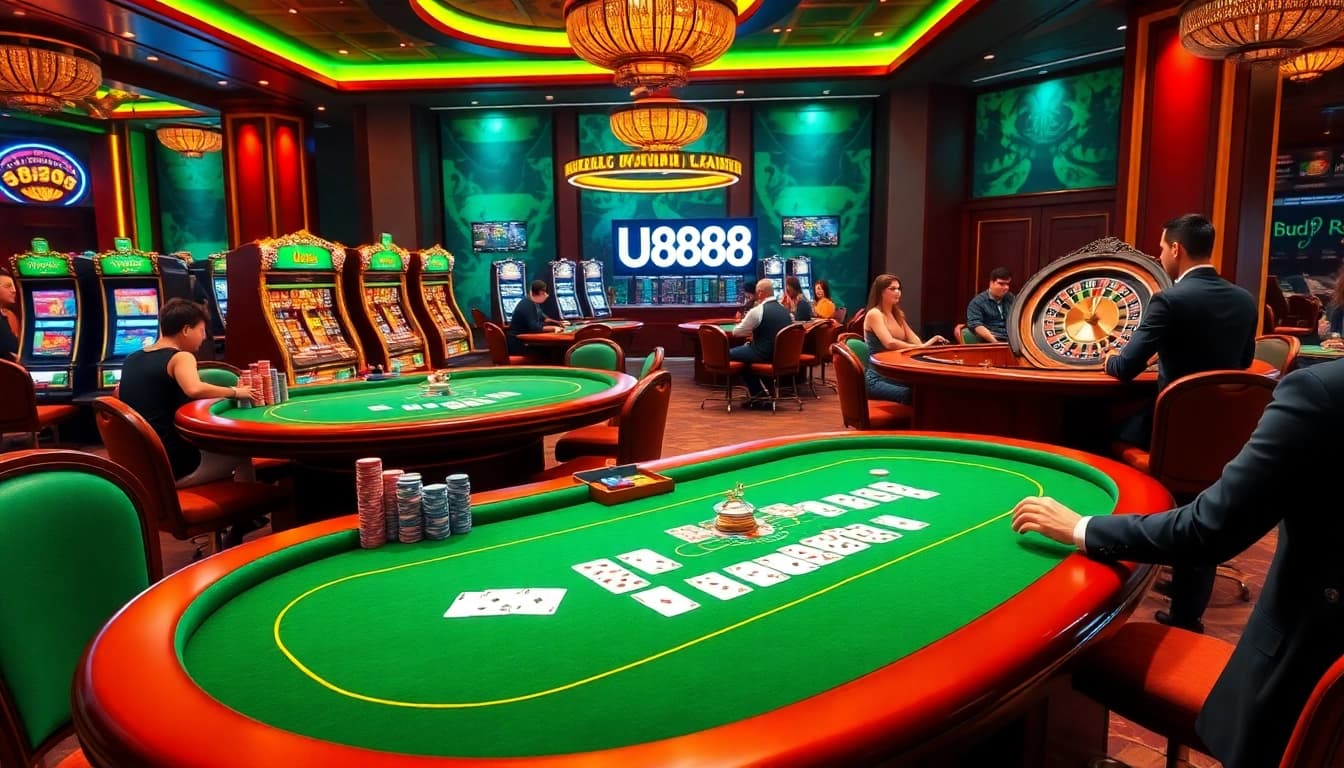 Exciting gaming scene featuring U888 online gambling with colorful chips and cards on casino tables.