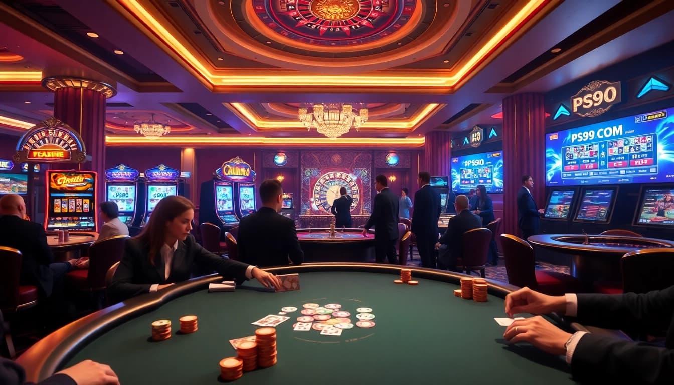 Players strategizing at a poker table with vibrant elements of PS99 COM casino ambiance.