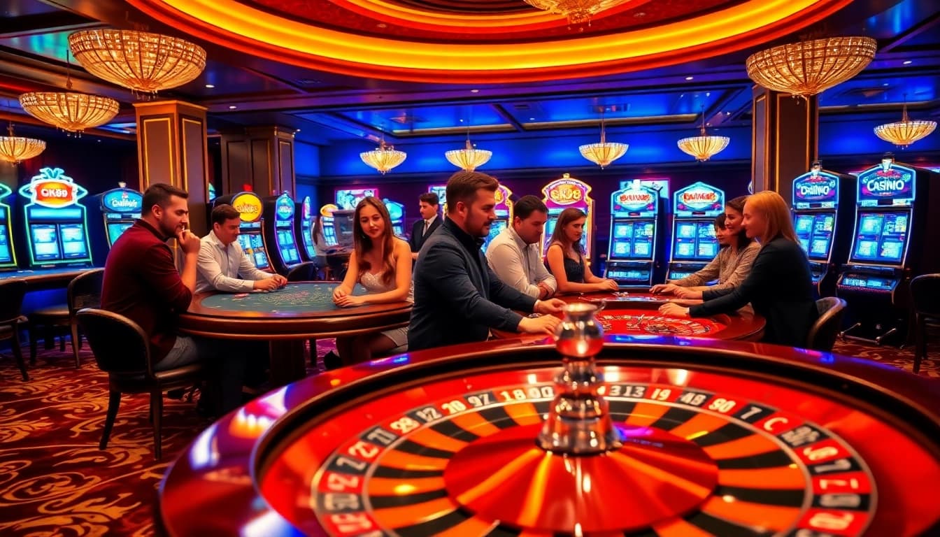 Experience thrilling gameplay at Gk88 with a vibrant casino scene filled with roulette, blackjack, and slot machines.