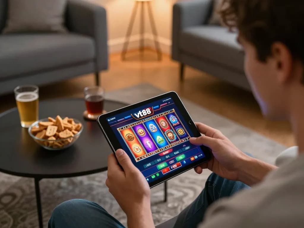 vt88 user spinning the reels on a colorful online slot game in a cozy home atmosphere.
