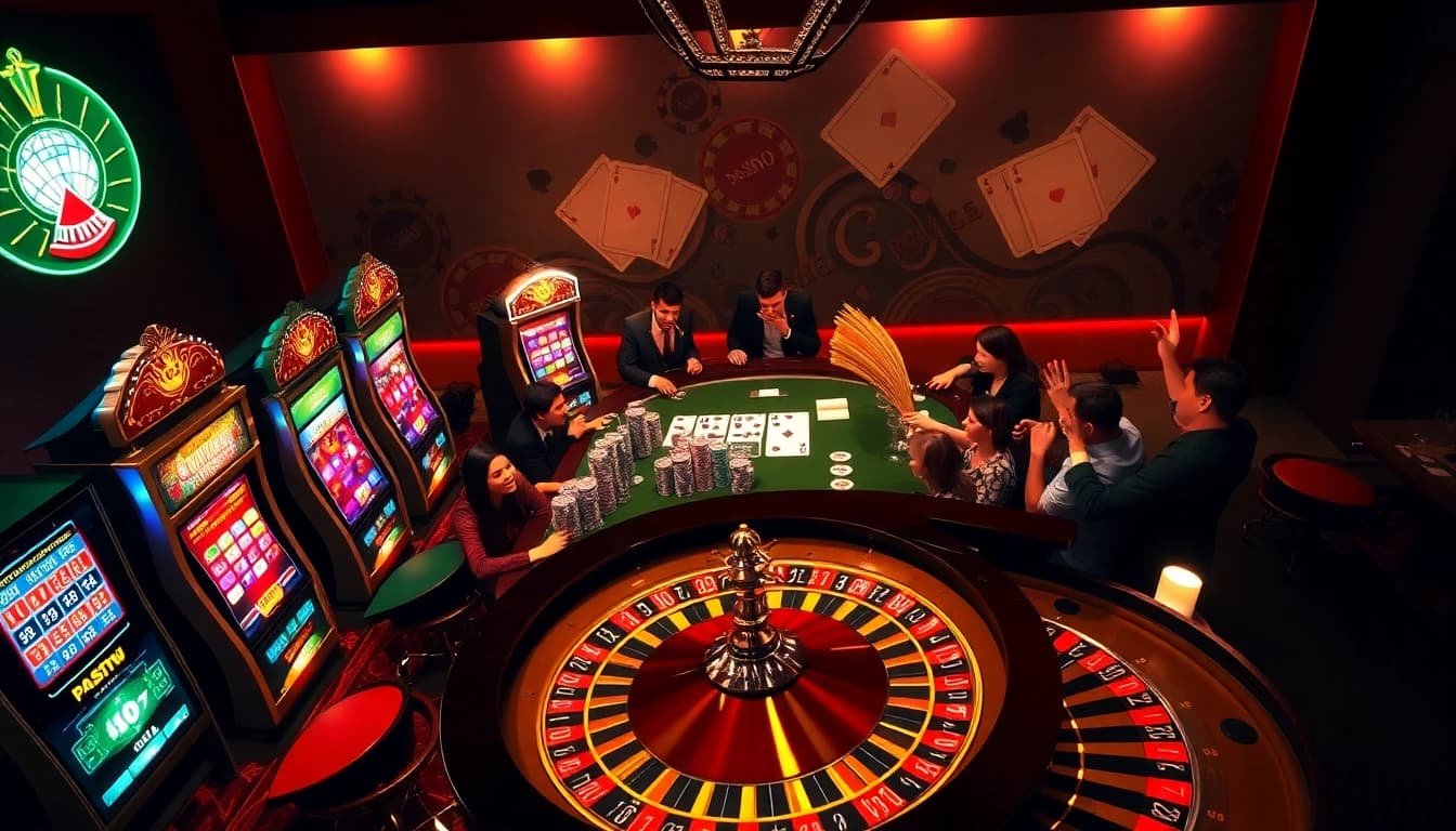Joueurs enthousiastes autour d'une table de casino en ligne présentant des jetons vibrants et des machines à sous éblouissantes.
