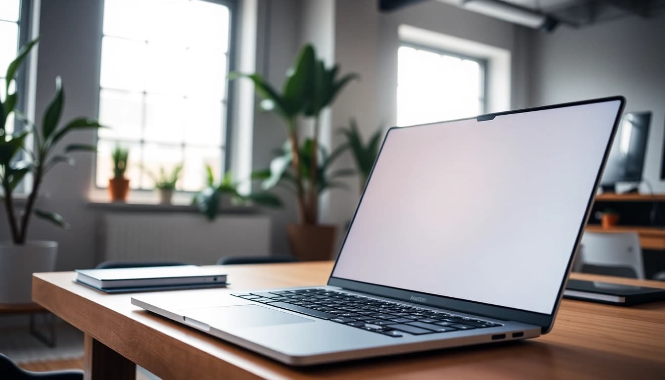 Usando el MacBook Pro M4 en un entorno de trabajo moderno y elegante.