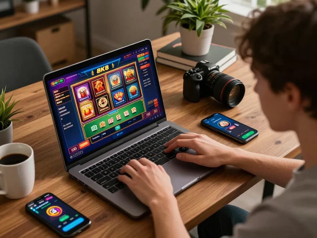 Playing exciting slot games on 8k8.fan while enjoying a cozy home setup.