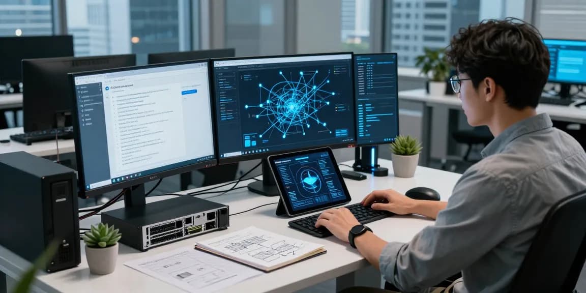 IT professional analyzing cybersecurity measures on shs-dome5.com in a modern tech office.