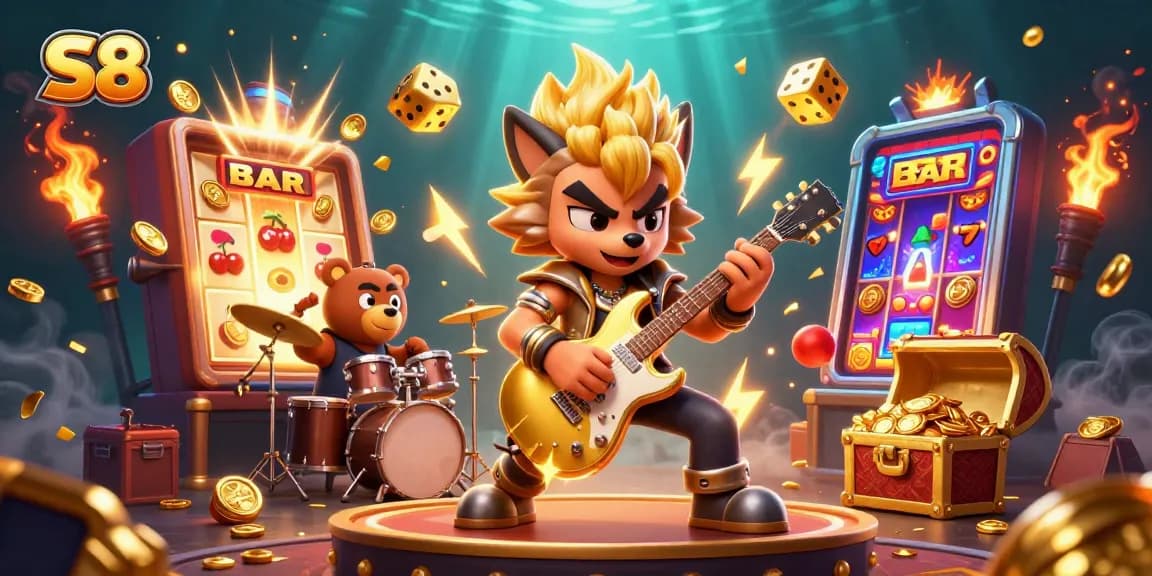 S8's dynamic casino experience showcases a rock star wolf and bear drummer in a vibrant gaming scene.
