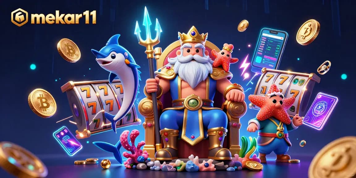 Mekar11 offers thrilling slot adventures with a vibrant scene of Neptune, samurai, and coins.