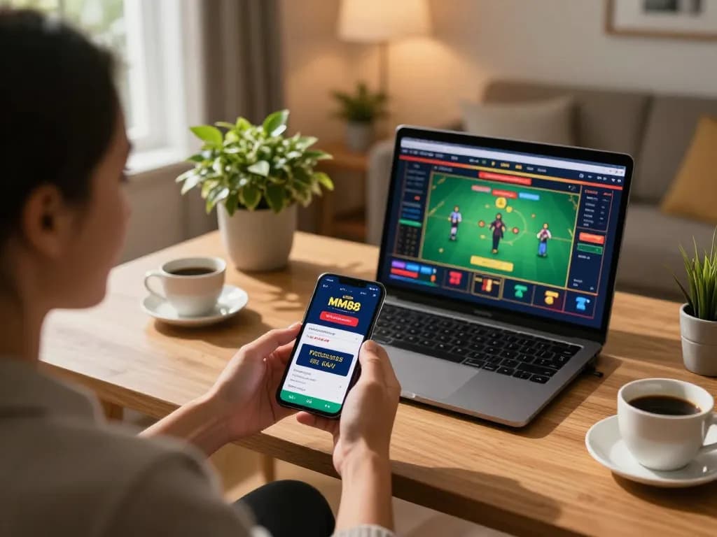 Person engaging with the MM88 casino app on smartphone while seated in a cozy home office