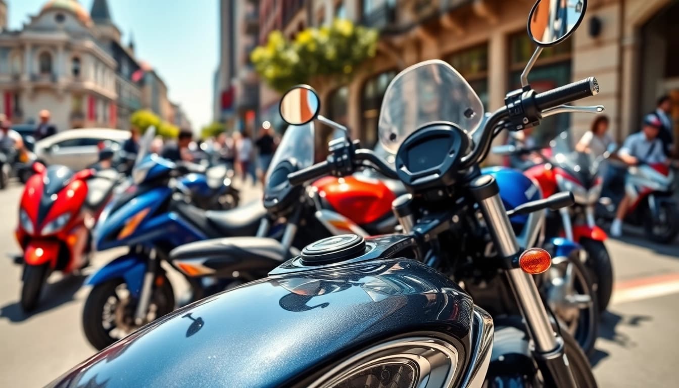 Explore affordable street legal motorcycles parked in a vibrant city setting highlighting their designs.