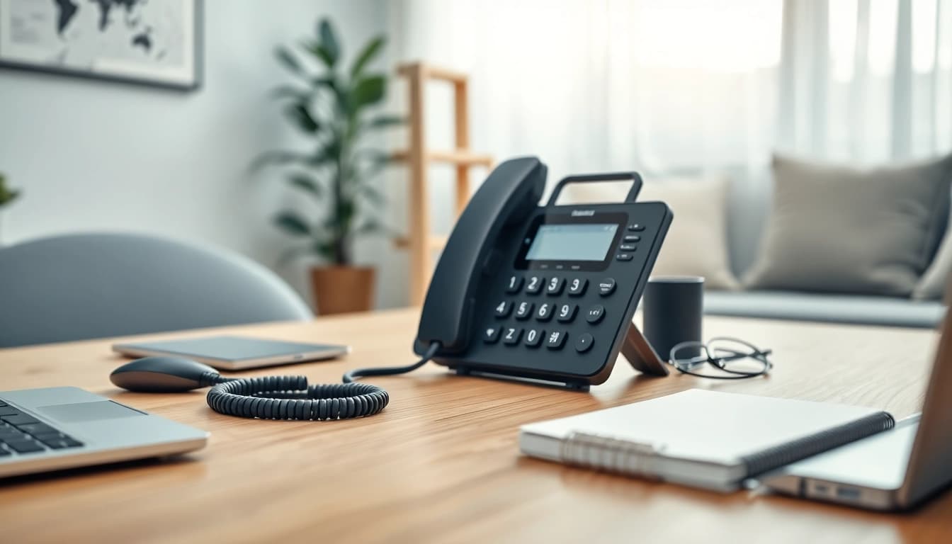 VoIP phone in a modern home office, enhancing communication with a sleek design.