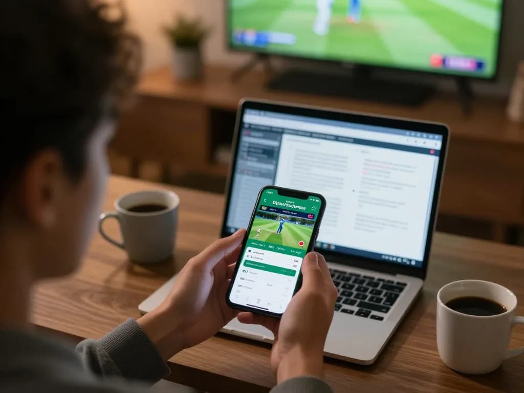 BK33 user engaged in mobile cricket betting with live odds and match statistics at home.